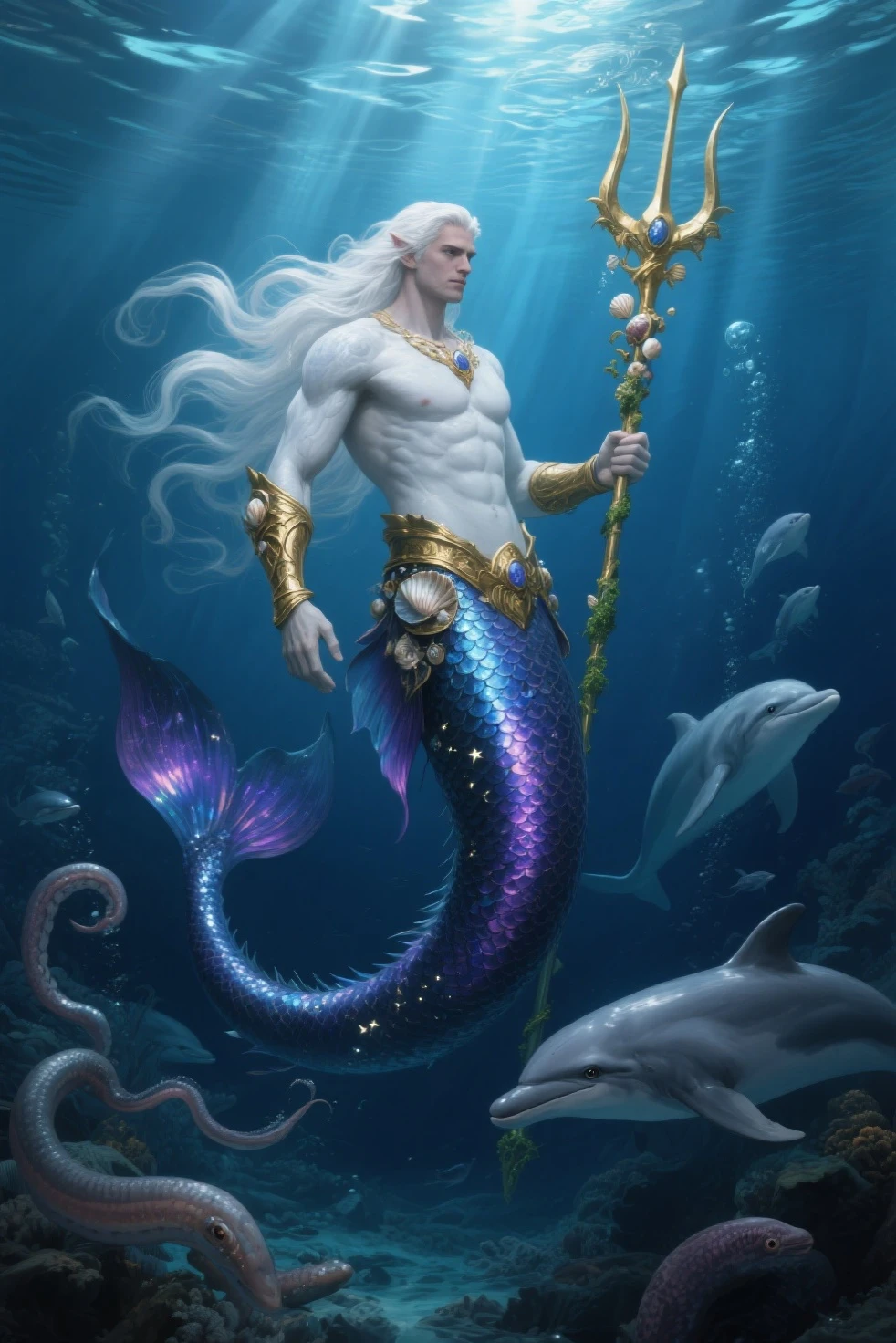 (((merman holding a trident in his hand))),  beard, white hair, beefy, shirtless, demi human, (( half man - half fish, merfolk tail, fish tail,  colorful scales, fish fins)),  deepsea landscape, rocks, perfect hands ((bioluminescense)), dramatic lighting, ( vector art )   NSFW, bad anatomy, deformed, bad limbs ))) --auto --s2