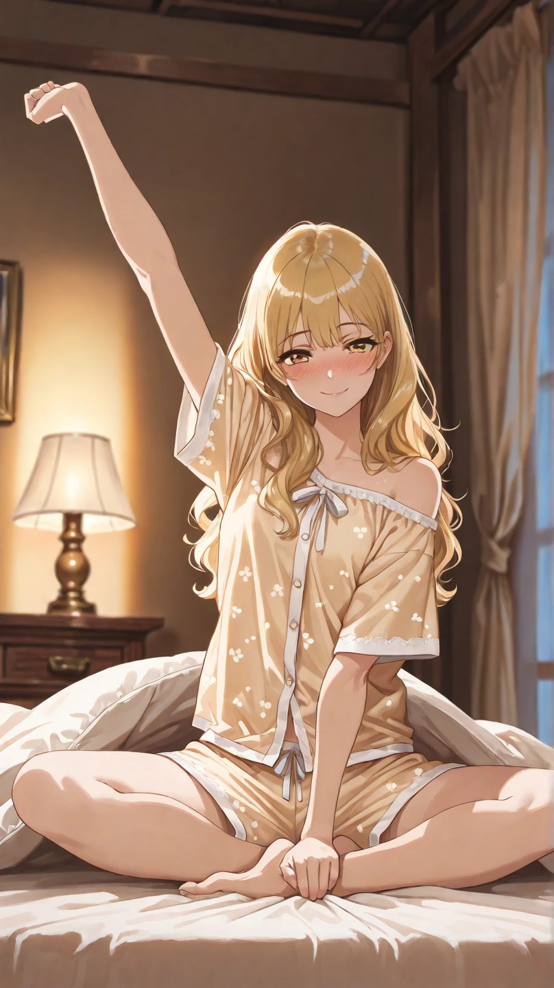 masterpiece,best quality, ultra-detailed,1girl(sakurai momoka, lovely small breasts, naked  body, wavy hair, long hair, blonde hair,  headband, pink flower in hair,green eyes,  half-closed eyes), a charming face,   parted lips, nose blush, blush, facing viewer , looking at viewer, head tilt, solo, pajama,  cleavage,  in the bedroom, night time, standing, seductive,  a seductive  pose 