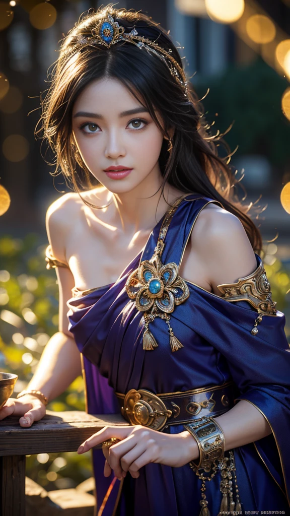 a detailed portrait of Minea the fortune teller from Dragon Quest IV, beautiful detailed eyes, beautiful detailed lips, extremely detailed face, longeyelashes, intricate detailed ornate robes, ornate headpiece, holding a magical crystal ball, dramatic lighting, fantasy medieval setting, cinematic composition, rich colors, digital art, concept art style, photorealistic, 8k, best quality, HDR, ultra-detailed