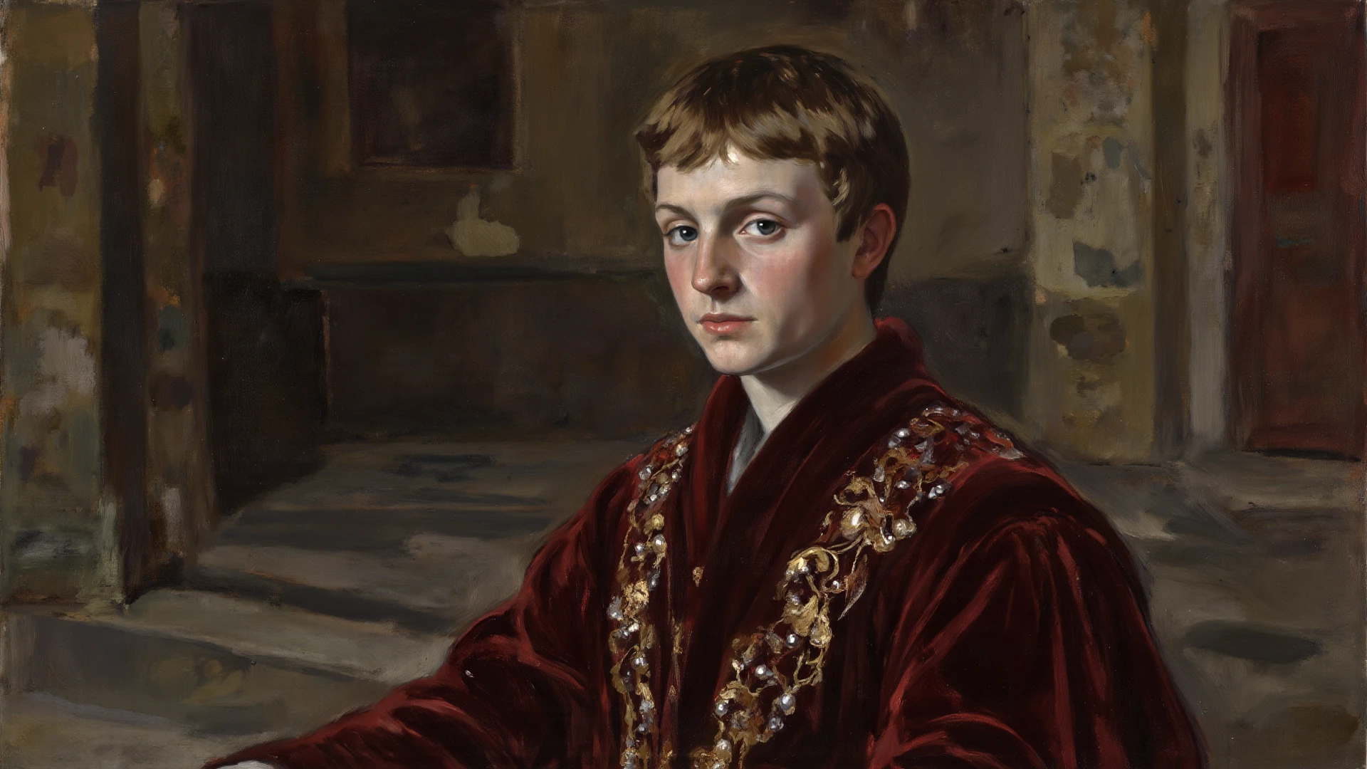 Oil painting of a medieval young earl, 16th century oil painting portrait, Alfie Owen-Allen, oil painting filter, young face
