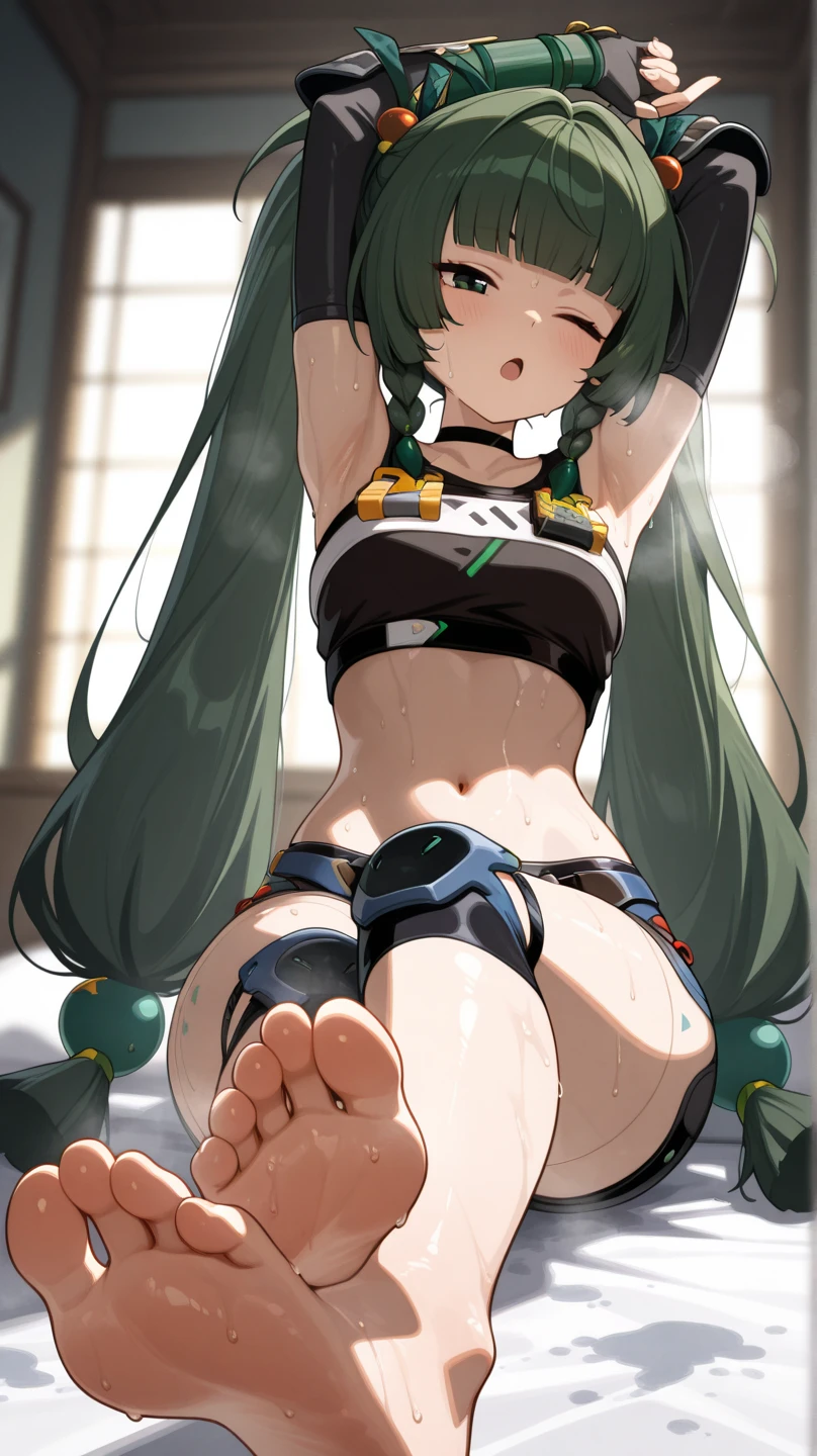 (8k, best quality, masterpiece: 1, 2), top quality, masterpiece, no inner inside, glasses, green hair, long hair, bangs, big ponytail, heterochromic pupil, blue pupil of left eye, red pupil of right eye, angel wings, head ring, white head flower, casual wear, black backpack strap, neck strap, bare foot, single body, ankle ring, leg ring, flat chest, tomboy, exposed, rubbed edge, leaky flesh, butt pouted