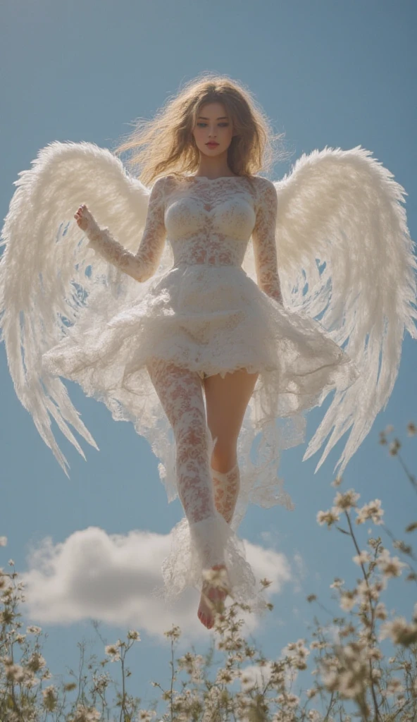 beautiful Angel, Wearing a gorgeous dress that covers the whole body, luxurly gawn,Floating in the air, angel wings, (angel ring:1.3), outdoor, detailed face, detailed eyes, detailed lips, detailed nose, detailed foot, full body shot