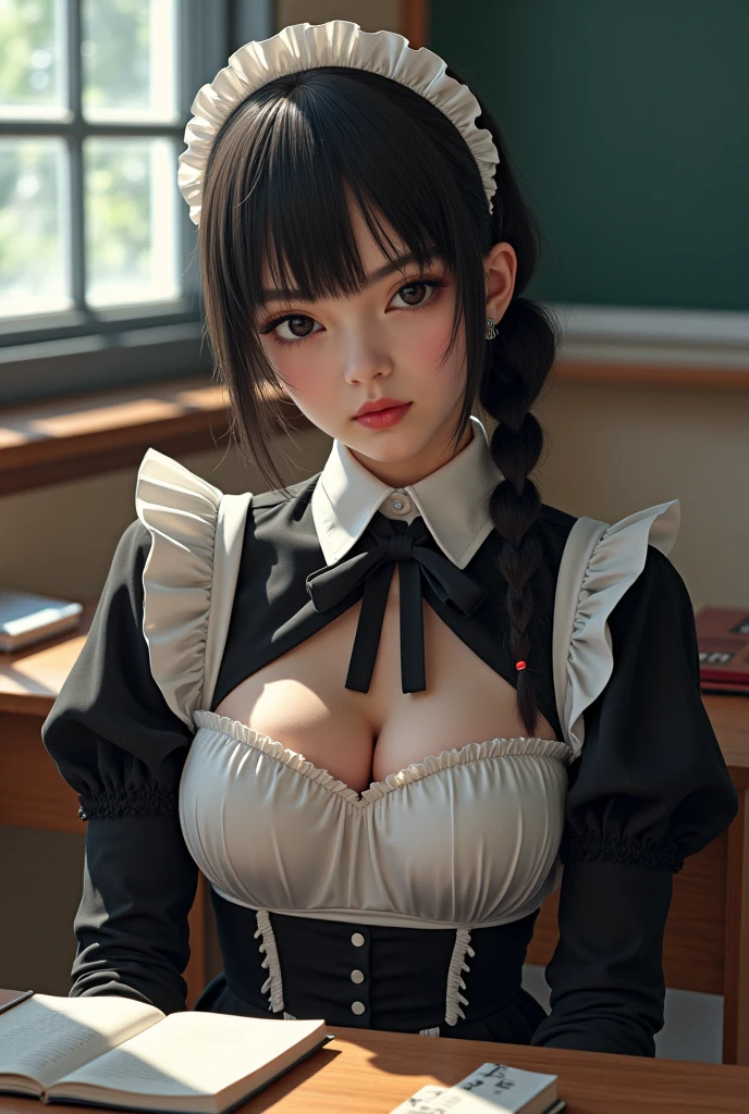 (((Medium Hair))), best qualtiy, 8K, nffsw, hight resolution, absurderes:1.2, blur backgroun, Background bokeh:1.2, photography of, (Raw photo:1.2), (真实感:1.4), (masutepiece:1.3), (intricate-detail {Ikko:1.2), 1girll, 独奏, japanaese girl, delicated, Beautiful detailed, (Detailed eyes), (detailed facial features), Big transparent nipples, (((Large breasts))), Firm skin, (up looking_で_peeping at the viewer), from a_front, (being thin),(best qualtiy:1.4),(超A high resolution:1.2),Cinematic Light Lamp Light,(Extremely detailed illustration),(Gloss on lips,best qualtiy,超A high resolution,depth of fields,Caustics,Wide range of illumination,Natural Shadow,85 mm, F/1.4, ISO 200, 1/160s:0.75),1girll, Solo, (((Silk Vest))) Smile, ((Silk Garment,pleatedskirt,Classroom))
