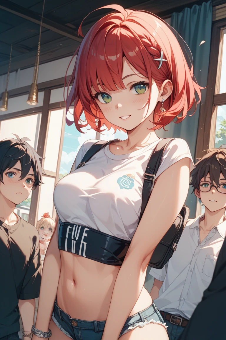 （（​masterpiece）、top-quality、girl with、（high school student uniform）、、Perfect Anatomy、3 people、girl with、red hairs、blue hairs、A pink-haired、I'm wearing glasses、short-hair、Braided shorthair、long、female high-school student、校服、(((Pull up your shirt)))、(((no-bra)))、(((Pull up your skirt)))、((Lace panties))、((Digging panties))、intersection、A smile、Embarrassed face、angry looking face、full bodyesbian