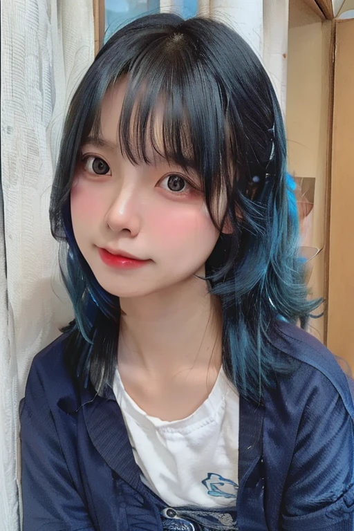 Minya Johnson, Mini Yaemori, Long hair, Bangs, Black hair, (Blue hair:1.4),  multicolored hair, Blunt bangs, striated hair, Ahoge,
BREAK  shirt, White shirt, Short sleeves,A smile、japanes、a picture,A smile、cute little,15 yo,A smile