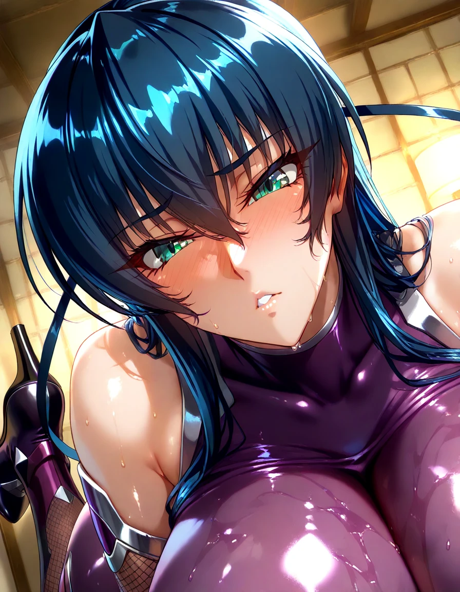 mature female, mature, Adult, himeno, himeno(Chainsaw Man), black hair, short hair, eyepatch, latex purple leotard, black tights, latex purple thighhighs, covered navel, purple elbow gloves, purple pumps, 1girl 1boy, very full lips, injected lips, blowjob lips, bending forward, blush, aroused, in heat, sweat, Villains, flashing her tits to the viewer, curved pose, superdeep, deepthroat, throat fuck, cum, fellatio, orgasm, throat bulge, view from side, back alley, a deserted street, Night, shadow, masterpiece, Top animation quality, Top image quality,