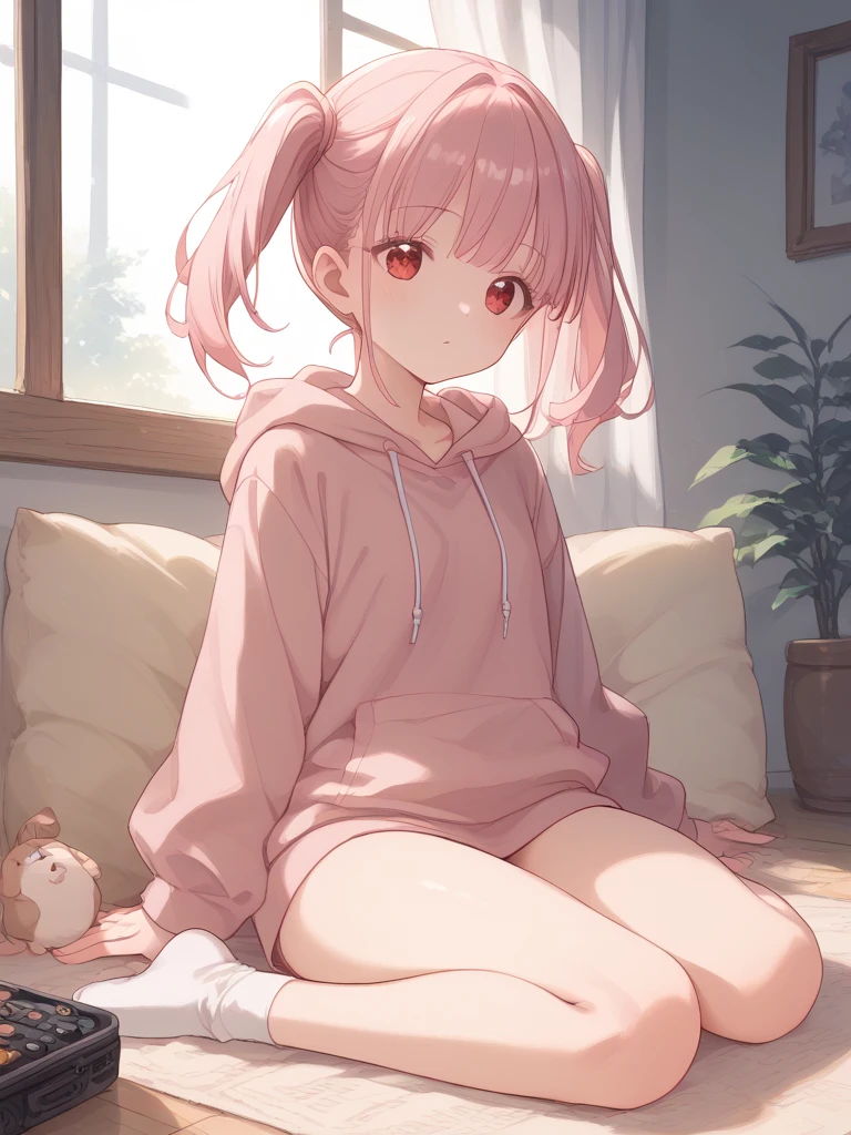 Realistic,highest quality, Ultra Detail, High-quality CG rendering, The most delicate and beautiful, Floating softly, High resolution, (1 girl), (Highest quality,4K,8K,masterpiece:1.2), Light purple hair,Rabbit,Bunny ears,(Bun Hair:1.3),Red eyes,(White oversized hoodie:1.3),Inside the room,bed,(bedに座っている:1.4)