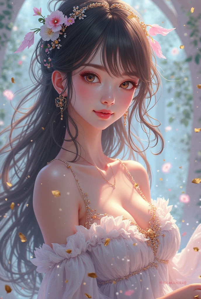  4K, A high resolution, ultra-detailed, masterpiece, Elegant dynamic portrait，a stunning beautiful girl, big breasts, long hair,  Blue hair tied up elegantly, Decorate with jewelry, a diamond necklace, (Put on a big cloak), Clear purple eyes,  beautiful and clear eyes,  delicate necklace, delicate earrings (Hair decorated with delicate flower arrangements, crystal jewelry string), (looking at viewer)