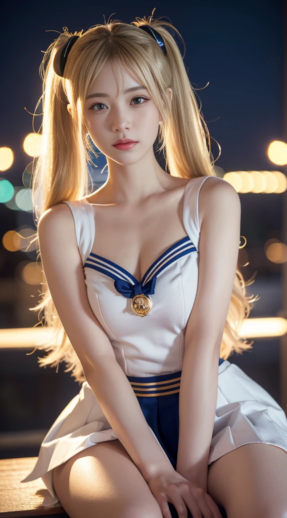 ((masterpiece:1.4)、(Highest quality:1.4)、(Realistic:1.7))、Masterpiece:1.4、(Top-notch rendering:1.4)、beautiful girl、(beautiful girl戦士セーラームーン2:1.7)、moon野うさぎ、(Body Fit Sexy Sailor Warrior Uniform:1.4)、(Shiny latex:1.7)、(The jacket is a white sleeveless sailor suit....:1.4)、(Skirt Blue Sexy Ultra Ultra Pleated Mini Skirt:1.4)、The sailor suit collar has two thin blue lines...............:1.2、High leg swimsuit、Red cloth decoration on chest:1.2、(Wearing white gloves)、Cute Girl、Super Beauty、Sharp Focus、Portrait Photography:1.4、8K、Photorealistic images:1.4、(Perfect female body:1.4)、Perfect proportions、(Upper body shot:1.4)、Beautiful Face、Beautiful Eyes、(Narrow waist:1.4)、(9-body proportions beautiful girl:1.4)、(足が長くスタイルの良いbeautiful girl:1.4)、Beautiful feet:1.2、(Yellow Hair:1.4)、(Long Hair:1.2)、(ponytail:1.2)、Beautiful breasts、Large Breasts:1.2、sexy ass、Raw photo、Red lips、Red high heels:1.4、choker:1.4、necklace:1.4、Earrings:1.4、Gorgeous golden tiara:1.4、1 Screen Display:1.4、moon、universe、universe船、universeステーション、City of the Future