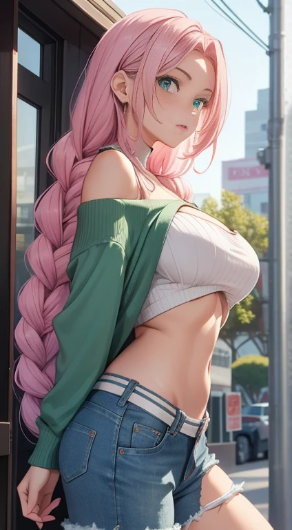 Masterpiece, raw, beautiful art, professional artist, 8k, art style by sciamano240, very detailed face, very detailed hair, 1 woman, perfectly drawn body, beautiful face, long hair, pink hair , very detailed green eyes , rosey cheeks, intricate details in eyes, playful smile, looking directly at viewer , in love with viewer expression, black chocker, lipstick, wearing cute fall clothes, ribbed orange crop sweater, short black pencil skirt, thigh boots, crouched down, sunny day fall, cleavage exposed