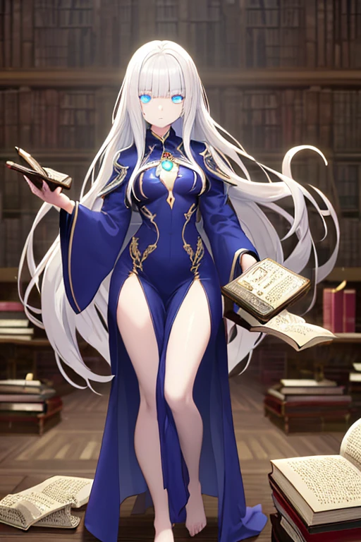 (8K, Best quality, tmasterpiece:1.2),\(Eyes detailed\),\(facial feature\),(\(Clothes detail details\)\),Full body lesbian,(surface focus) ,Very detailed CG unified 8k wallpaper,hugefilesize,ultra - detailed,A high resolution,Huang Li,beautidful eyes,Ray traching,dramatic shadow,Detailed pubic hair,dramatic angles,hyper-detailing,(1 girl:1.3),(Alone),Mature woman,Long curly beige hair,gigantic cleavage breasts,This is the Necromancer,(Wearing black magician robe),Witch hat,Thin and tall.inside a room,wall made of bricks,Grey cement floor,(Books are piled on the ground to form a small tower)