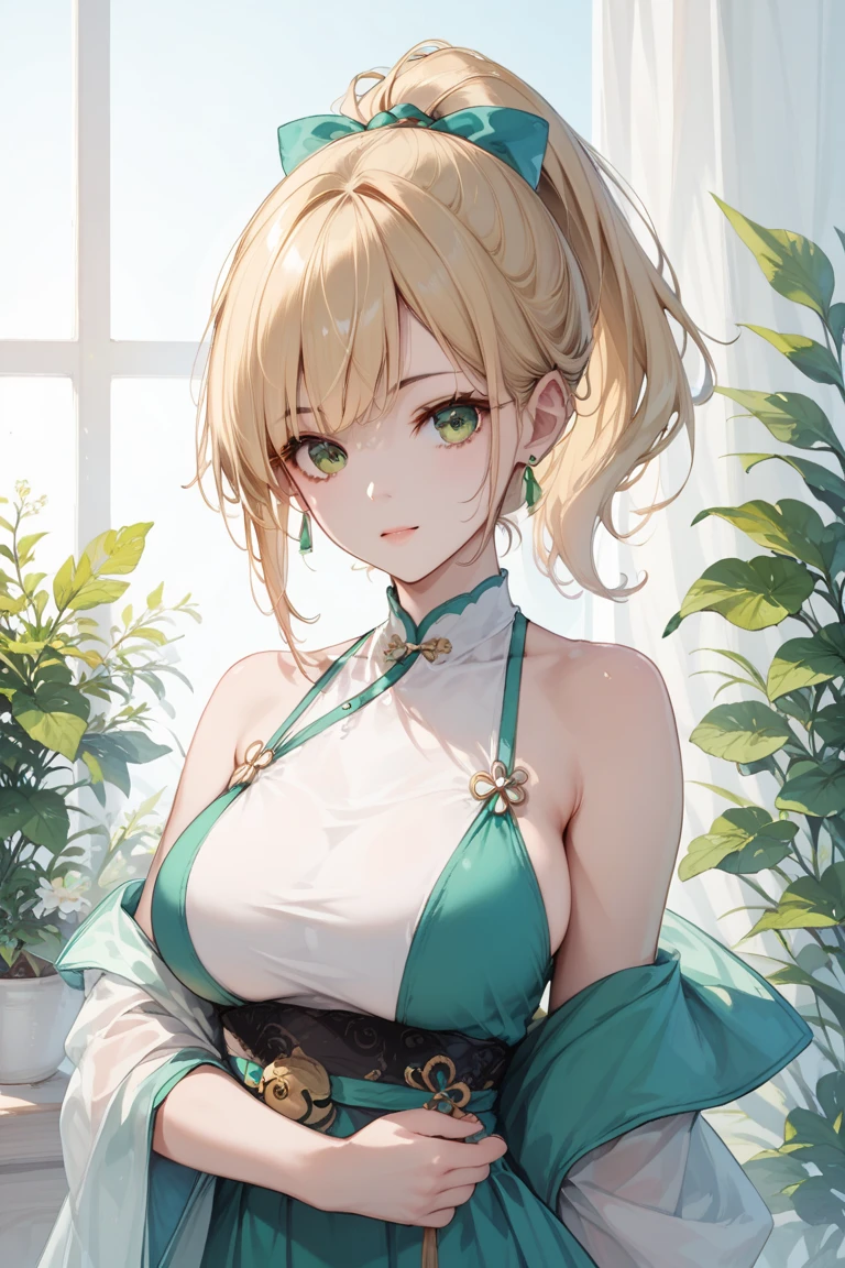 20 years old,1 girl,hyperrealistic, 8k, (extremely detailed 8k), (very delicate and beautiful), (masterpiece), (better quality:1.0), (ultra high resolution:1.0), (masterpiece, best quality), cute,blonde,cleavage cutout,(broen dress:1.3),(crop top navel:1),from front,gleaming skin,twintails,twin bun,red ribbon,green Chinese dress,upper body