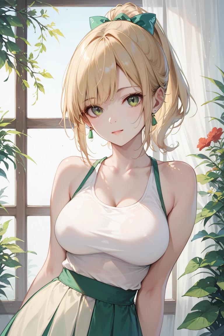 (巨作:1.2, Best Quality), 1girl, smirk, slim, slender, green eyes, sharp eyes, Small_breasts, Flat_chest, leaning forward, facing viewer, dress, Wide-brimmed hat, Basivar sandals, Oversized Sunglasses, Simple hoop earrings, Shell necklace, areola slip, down blouse, embarrassed, Very short blond hair, ^ ^, nature, Yoga Studios, Quiet spaces,