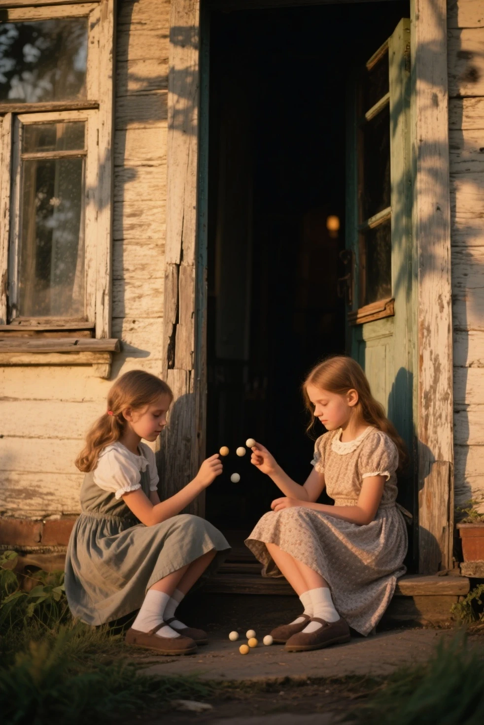 A cute 5-year-old blonde girl sits on an antique bench and her mother watches him from afar from the window.