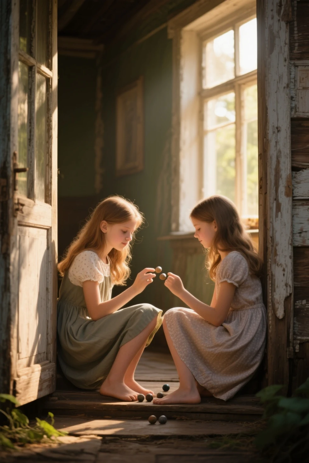 A of about 6 years old, blonde and blue-eyed, abused and poorly cared for in a cold corner, while watching two little girls in front of the fireplace playing with dolls and well groomed. They are the characters from the book Les Misérables