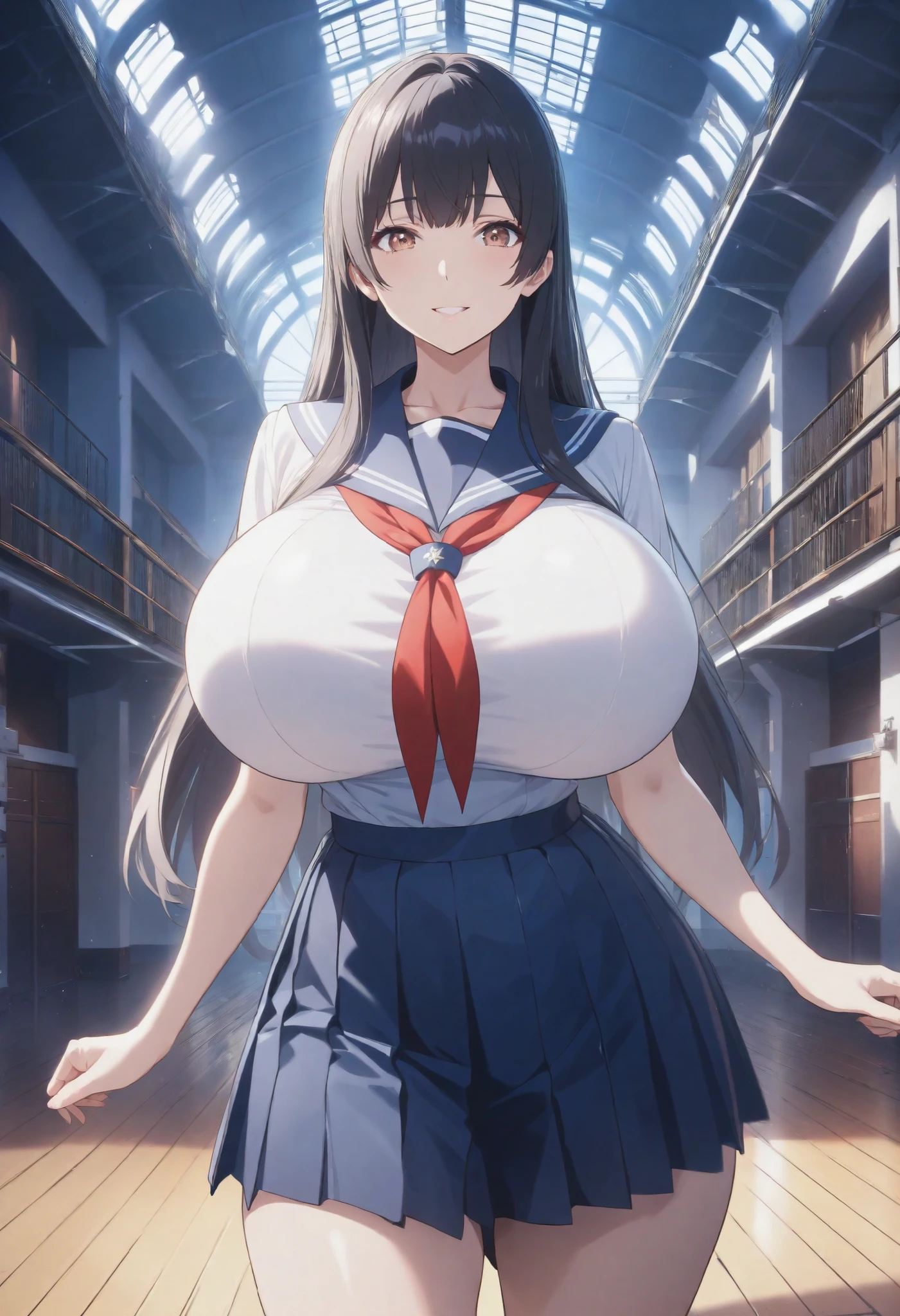 (masterpiece, 8k, super high resolution, absurd:1.2), 1 Japanese woman, 10th Generation, (Black Hair Middle, straight hair), beautiful character design in the gymnasium warehouse, perfect contrast, Anatomically Accurate, perfect face, Beautiful and delicate eyes, expressive eyes, brown eyes, Smile, (school uniform, navy blue sailor suit at the gymnasium warehouse, Red ribbon, pleated skirt, black knee-high socks), (huge breasts), (pretty shaped ), Thin Waist, wide hips, 体育館倉庫にて
