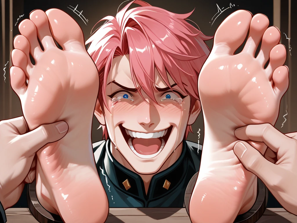 A handsome man sat in a chair,lift the foot,Laugh out loud,Feathers attached to the soles of his feet