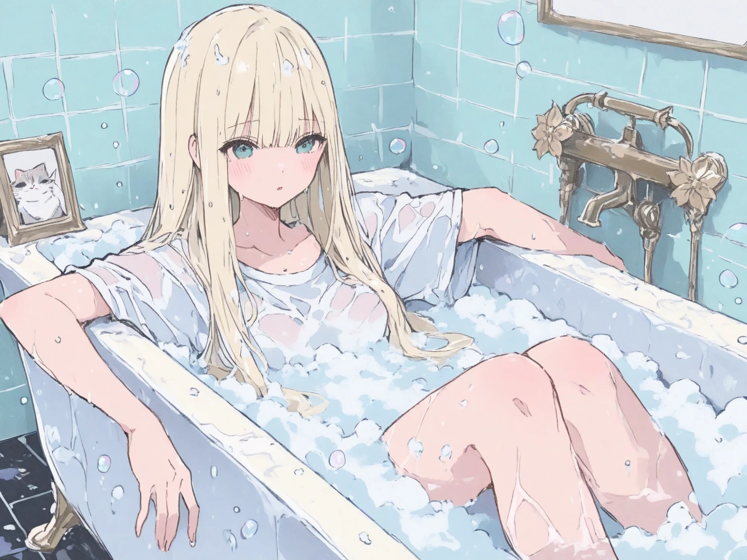  blonde hair, blue eyes, long hair,  bath　Primary school students、small、chest　whole body　origin