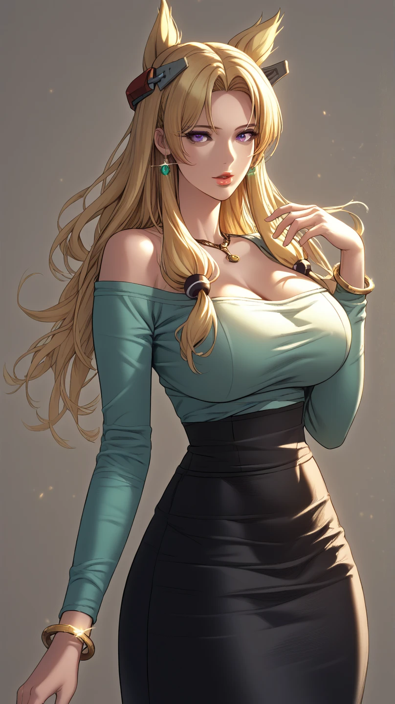 Masterpiece, very huge breasts, perfect body, perfect breasts, perfect face, perfect fingers, gorgeous face, 1girl, age19, Solo, Long hair, Colossal breasts, Looking at Viewer, blonde hair, Bare shoulders, green eyes, Full body, necklace, off shoulders, Sweater, Realistic, cleavage, sexy legs, very short skirt