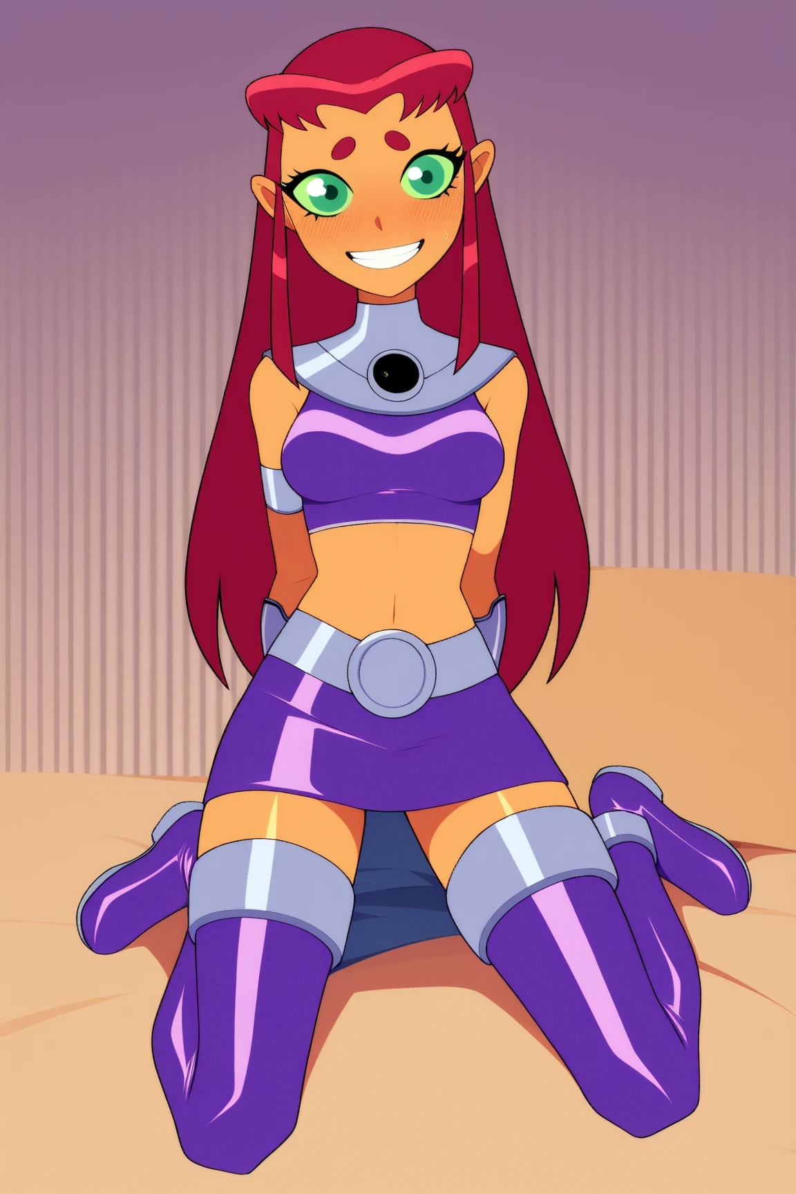 masterpiece, best quality, 1girl, starfire, red hair, long hair, green eyes, orange skin, maid outfit, kneeling, stockings, looking at viewer, solo, indoors, bedroom background <lora:StarfireTT:1>