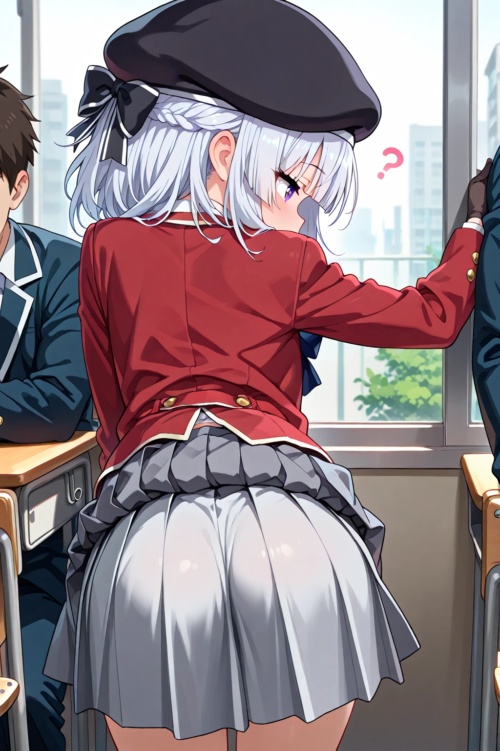Young girl with grey hair, ((fringed and curly hair)),((curly short twintail)), curly hair ,(red eyes),, ((small bushy eyebrows)), wearing gothic lolita clothing, lolicon , walking to school, bored look, bored face,, suddenly having sex in public, ((doggy style sex)), ((public sex in a restaurant)) naked ass in the male crotch, perfect anatomy, young boy fucking her