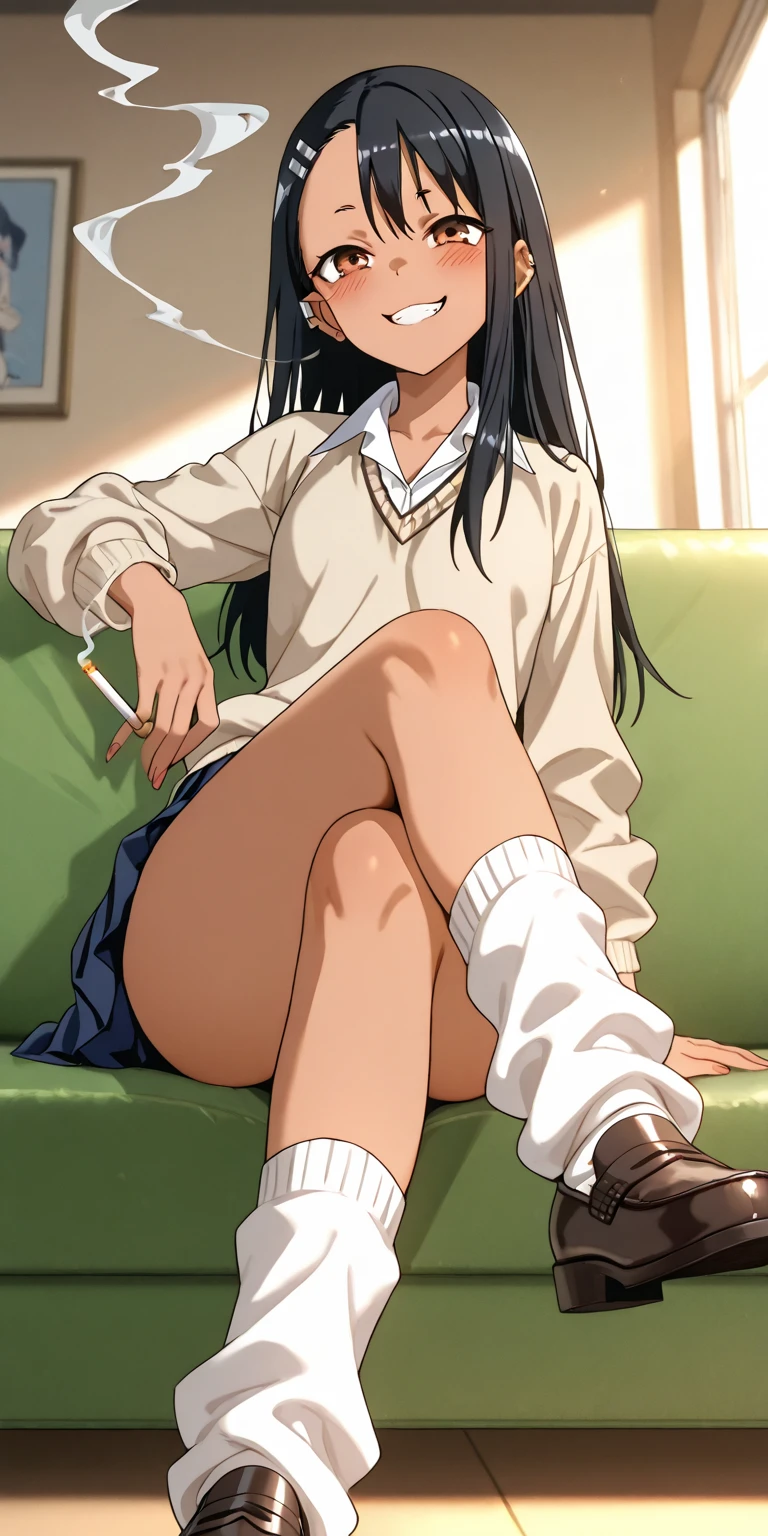 1girl, solo,sitting, small breast, masterpiece, professional artwork, famous artwork, perfect face,nagatoro hayase, brown eyes, hairclip, black hair, cowboy shot, black hair, beautiful face, intense look, ((perfect female body, narrow waist)), (background classroom), ((nude)), ((tan lines)), couch, looking at viewer, blue skirt, (((panties, spreading legs))), unbottoned white shirt, short sleeves, ((skirt lift)), (( bra)), (thick thighs)