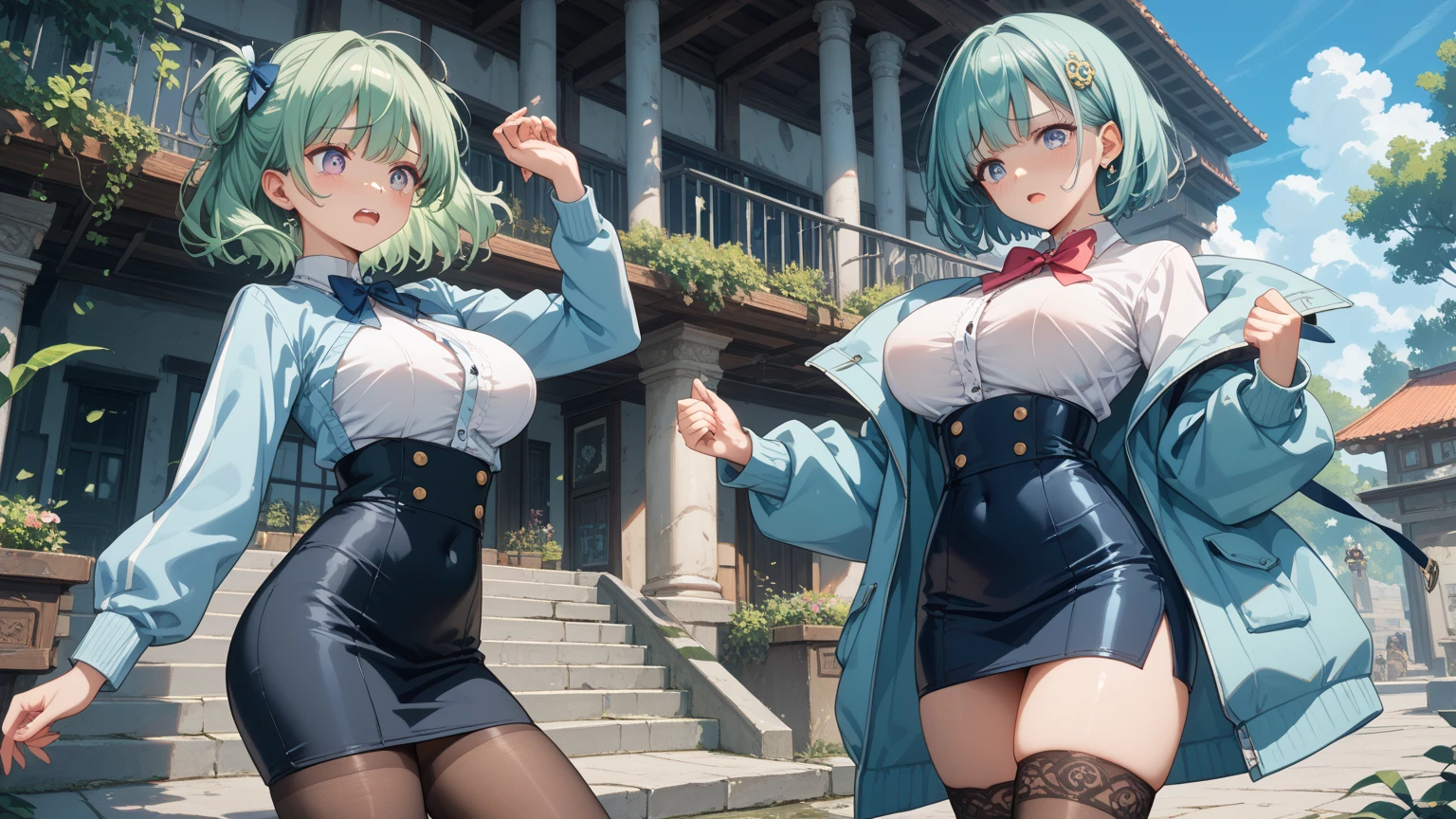 Kizi， highr， Concealed arm， Blue_and_Green hair， Detailed beautiful eyes， navy blue eyes， evilsmile， medium boob， Open navel，Bigchest， big breasts thin waist，medium thigh， Long legs，High Root，blacksilk，校服， Japan School Uniform，JK school uniform，Long black stockings， Detailed clothes， tmasterpiece