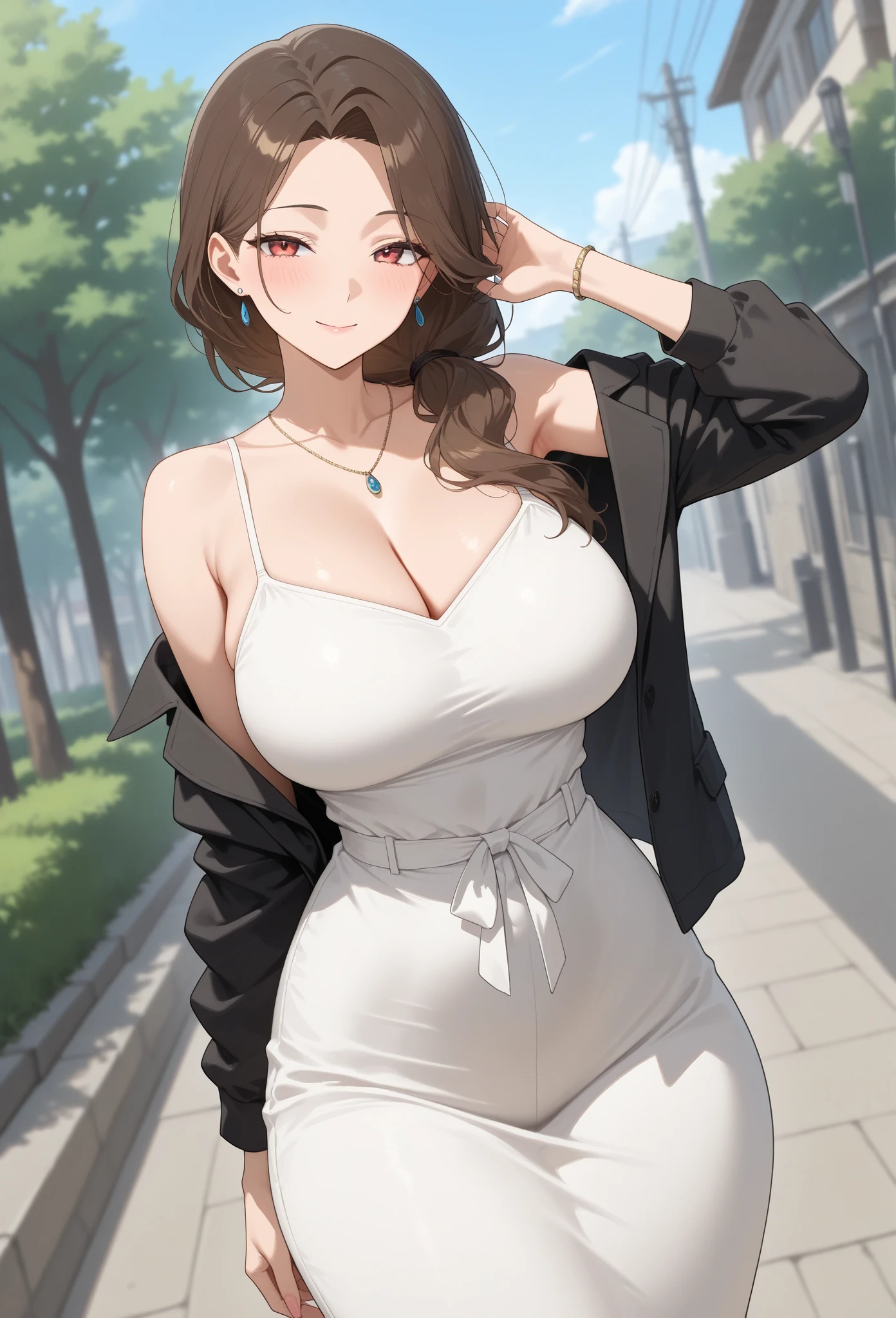 masterpiece, best quality, high quality, beautiful anime character, solo, anime girl with dark hair, (messy hair, long hair, choppy bangs, chopped bangs), purple eyes, medium breasts, mature female, tall female, big girl, thick, light smile, outdoors, (white casual dress), slim thighs, 