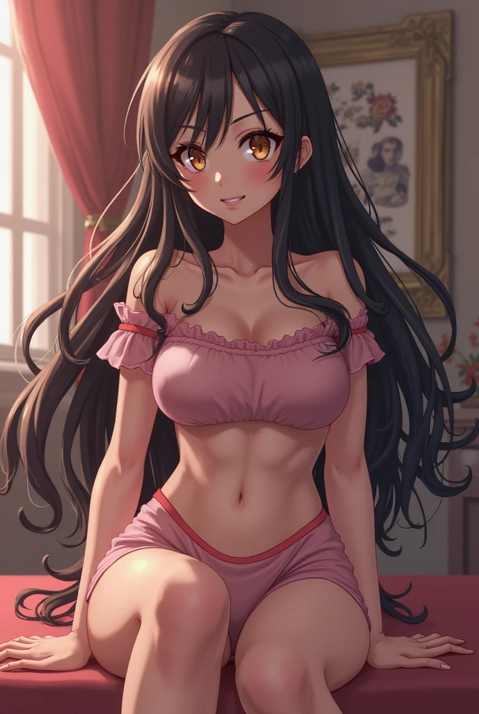 (masterpiece:1.2), (Best Quality:1.2), (ultra-detailed), ((extremely detailed)), 4K, (8K), best quality, top-quality, 1girl, solo, The most detailed skin, (thick lines:1.2), (Beautiful Face Idol: 1.3), //, Pink satin short camisole, white lace trims at neckline and hem, dangling pink satin ribbon at the chest, cute short room pants with high waistline, large ribbon at the back of the pants, //, large breasts, Perfect eyes, Perfect iris, //, (sexual expression), smile, blush, //, Long wavy hair style, Pastel blue hair color, (beautiful eyes), pink-skinned, //, A girly room of your own, Pastel-colored wallpaper, white cabinet, fluffy pink rug, muted pink curtains draped over a window, chic vanity set