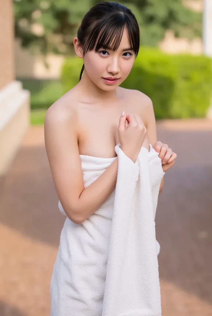 (Highest quality, Very detailed, masterpiece:1.2), 1 female, Very thin body, length, Thin legs, ((Black short hair:1.2)), ((Thick and fluffy bangs)), whole body,Very detailedな顔,A faint smile, small, Thin Nose, small thin mouth, Japanese, Beautiful Face, Realistic eyes, Beautiful and beautiful eyes, Realistic Skin, Beautiful Skin, charm, (A vivid face), Beautiful Hairstyles,(Fluffy white cotton towel:1.3), ((No sleeve, Strapless):1.3), (A plain white towel wrapped around a naked body:1.4), (Sheath Line:1.3), (A soft, thick white towel with fluffy edges:1.4), ((Bare shoulders, Bare arms, knees):1.3), (barefoot:1.3),,Dynamic pose , Turn face to the side, angle, Gothic design, Creepy and unique hairstyles, High resolution, Vibrant color palette,(Dynamic Pose,From the side,arched back),Old castle in the background, Strange lighting, and a small, Old castle in the background,