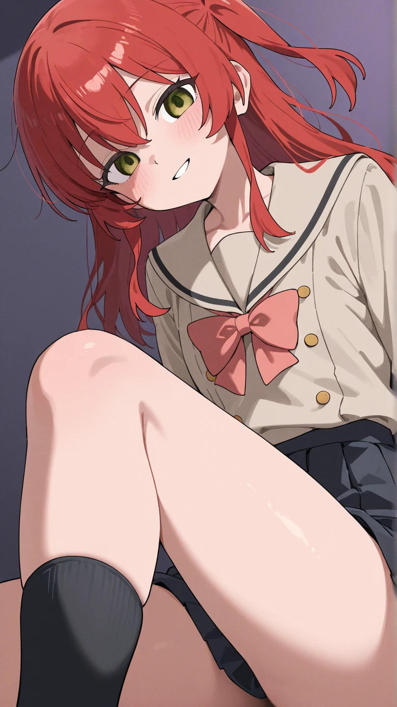 Kitaikuyo, Ikuyo Kita, (Green Eyes:1.5), Hair between the eyes, Long Hair, One side up, Redhead, (Flat Chest:1.2), break black footwear, black skirt, grey Sailor collar, pleated skirt, Sailor collar, , shoes, Short sleeve, skirt,, break looking at viewer, break indoors, classroom, break (masterpiece:1.2), Highest quality, High resolution, unity 8k wallpaper, (shape:0.8), (Beautiful attention to detail:1.6), Highly detailed face, Perfect lighting, Extremely detailed CG, (Perfect hands, Perfect Anatomy)、troubled,crying,(leaning forward:1.4),((Wet crotch)), (((Peeing)))、(puddle)、(((Touching the groin)))、((Be incontinent))),I want to pee、Pinch the crotch with your hands, skirtめくり、skirtの裾を手でくしゃくしゃにする, Knees together, bladder full, terribly wants to go to the toilet, Anatomically correct,Kitaikuyo