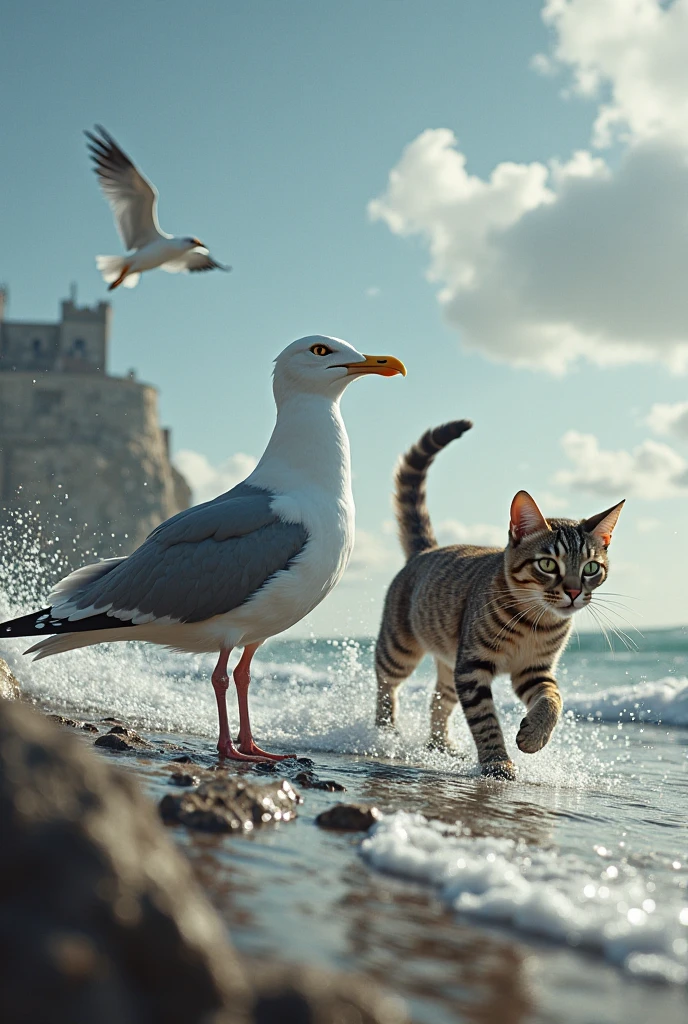 a cat teaches a seagulls to fly, a cat stands on the beach looking up at a seagulls, a seagulls spread their wings in the sky --auto