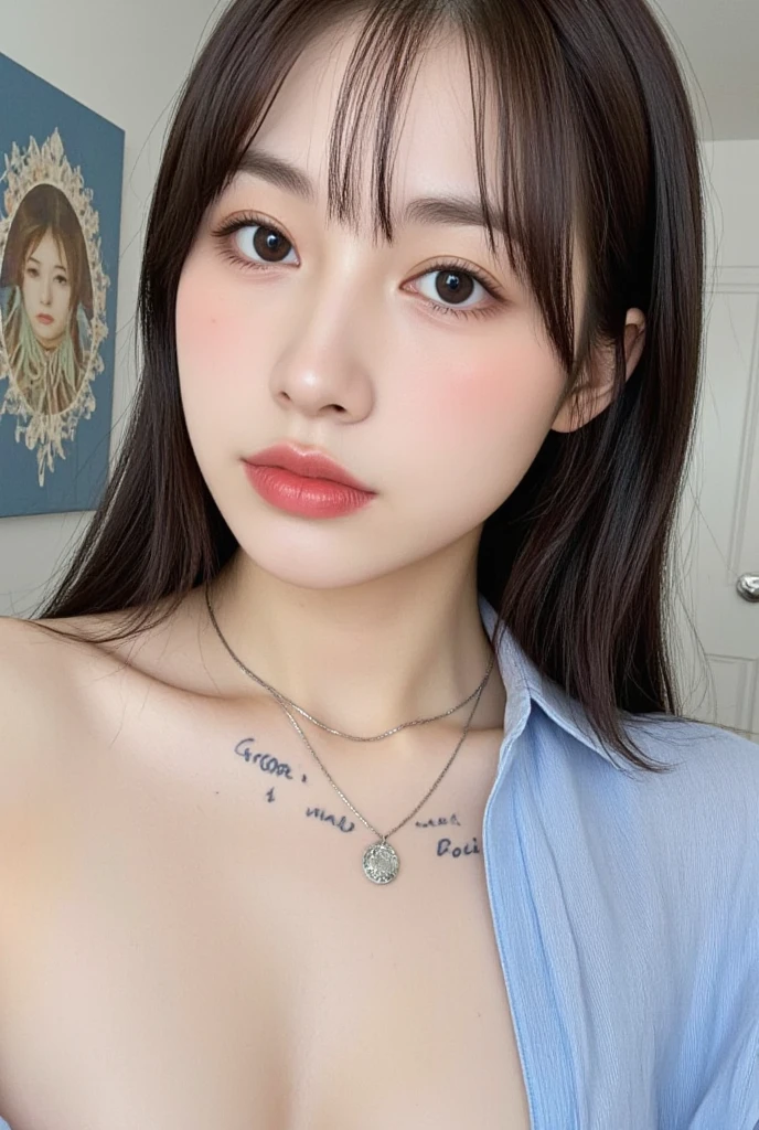 (Realistic, High Resolution: 1.3), 1 Girl with Perfect Body, H1-KEY HWISEO, 42 years old, ((h1-key hwiseo)), ((Tattoo on shoulder and arm)),Create an image of a young woman with a short bob cut taking a selfie on a city street。Close-up、building in the background、City sign、There is a slightly cloudy sky。She has a calm, expressionless face.、She is wearing a sheer embroidered top。