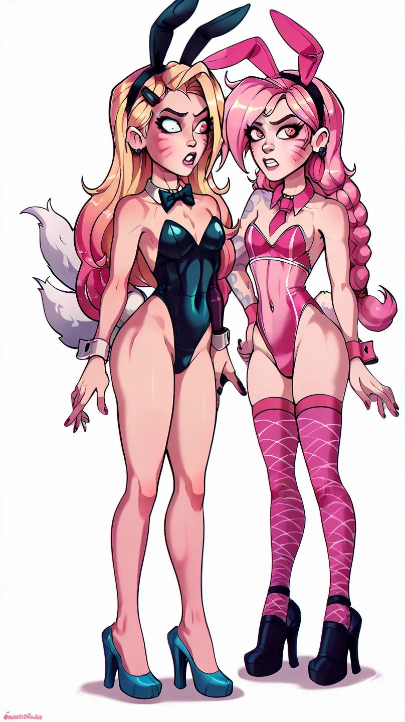 8K, High Definition, Animated, married woman, Beautiful, a small face, clean, Bright, Eye Highlights, Sexy, Erotic, beautiful line art.
light blue skin, Blue and orange gradient ear fins, Bunny Girl, Bunny suit, Black netting on legs, Black High Heels, Clearly drawn eyes, Dark makeup, Purple eyes, White hair,