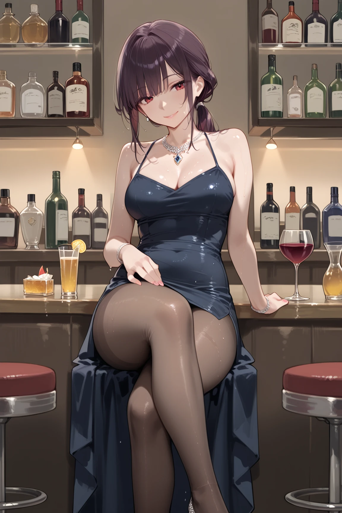 best quality, 4k, high resolution, Masterpiece: 1.2, extremely detailed), sad expression looking at camera, big breasts, 40 year old girl, solo, brunette, fluffy long hair, blue eyes, (drunk, blushing), (sitting, drinking), ((mature sexy body)), black stockings, black off-shoulder dress, holding a glass, counter, bar, (fashionable bar) interior, ((cocktail glass) filled with colorful liquor), (dimly lit room), wine bottle, detailed background, (((night background)))), (((in the bar))), wine, whiskey, highball, (shiny light, effects: 1.2)