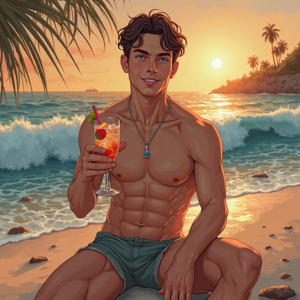 young man, (19 years old), (((Mitchell Slaggert))), ((muscular body)), (male model), (huge chest), big breasts, huge nipples, ((in tiny thongs)), chiseled face, big jawline, in sunglasses, holding a drink, beautiful, ((blond)), ((buzzed crewcut)), ((with shaved sides and back)), ((on a beautiful tropical beach)), attractive, pretty, masterpiece, 8k, with many details, professional, trending, masterful, realistic, hyperrealistic, sharp beams of light from the sun beyond