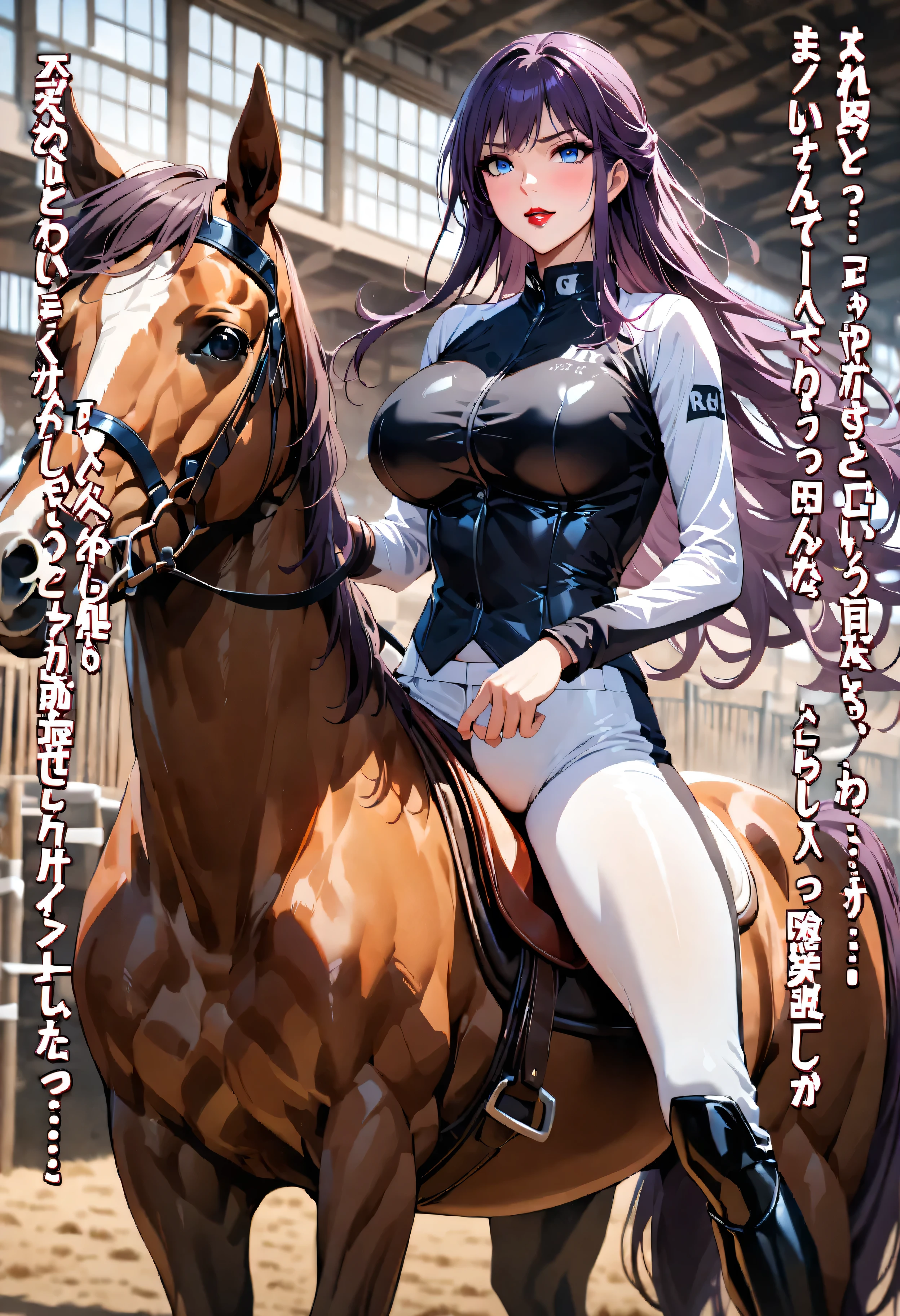 ((Ride a horse-shaped bike along a dirt road)),Beautiful anime woman wearing a leather jacket、30Beauty of the same age、(Huge breasts:1.1),high resolution、8hair,Digital Art,{{{highest quality}}}, {{Very detailed}}, {figure},{{{Tabletop}}},、Camel Toe、Giant tit、Nipple Puffs、Cleavage、Plump、Super big breasts、Super big butt