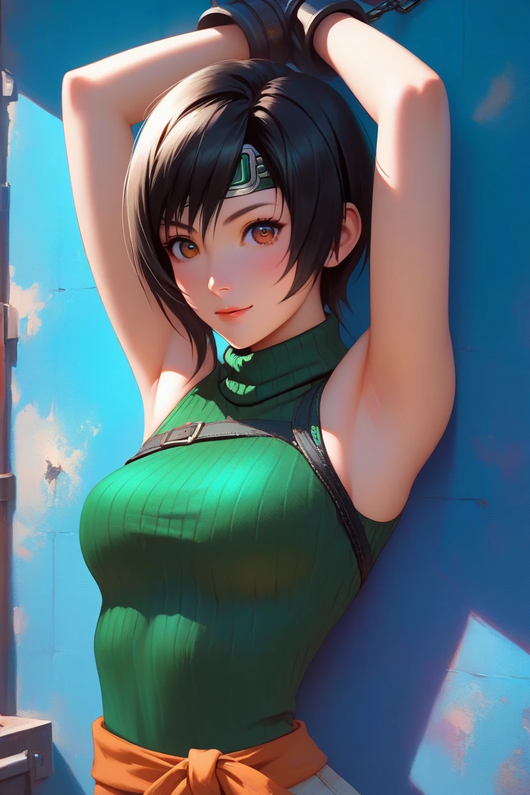 realista, 1girl, cabelo azul, olhos verdes, olhos brilhantes, top cropped, saia, half-open lips, blush, noite, flores, sol, luz solar, Leona heidern