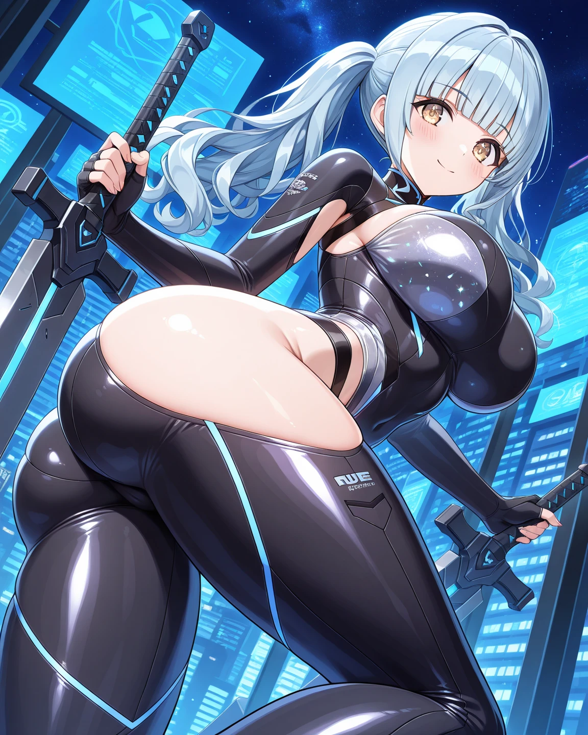 1girl, blue hair, large breasts, bunny ears, rabbit ears, wide hips, bodysuit, black bodysuit, short hair, very short hair, science-fiction, tech, futuristic, machinery, full body, neon trim, happy, light smile, from behind, ass,