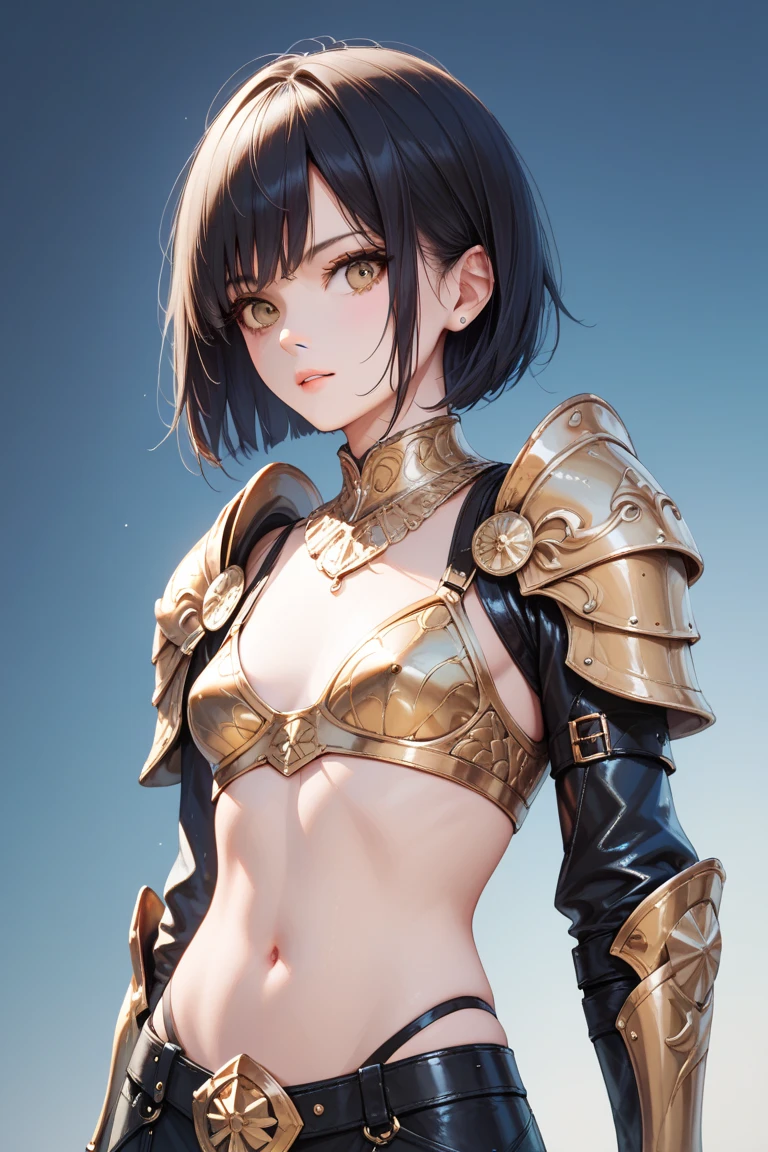 1girl, solo, samurai armor, masterpiece, best quality, realistic, hyper-detailed, (shiny skin, sweaty:1.4), absurd, looking at viewer, short black hair, brown eyes, slender, dynamic lighting, high resolution, sharp focus, depth of field, detailed eyes, sharp pupils, realistic pupils, (small breasts:1.6), (thick thighs:1.0), outdoor, sky