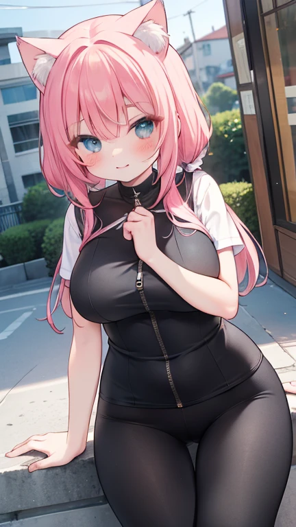 mastute piece,Best Quality,insanely detailed,8k cg,
shoot upper body,
1woman,18age,standing,body in front,looking at viewer,(cycling-suit,bicycle),break,
blush,shy,(trembling:1.2),pink hair,break,open mouth,large breast,paved road,