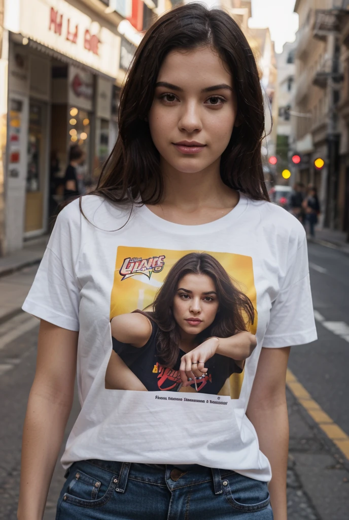 um close de uma mulher dancando em uma sala com uma parede branca, 90s vibe, Vibe dos anos 90, estilo dos anos 90, estilo y2k, estilo y2k, estampa vintage anos 90, estampa vintage dos anos 90, graphic t-shirts, vestido com uma camiseta branca, estilo anos 8 0, 2 modelo feminino de 4 anos