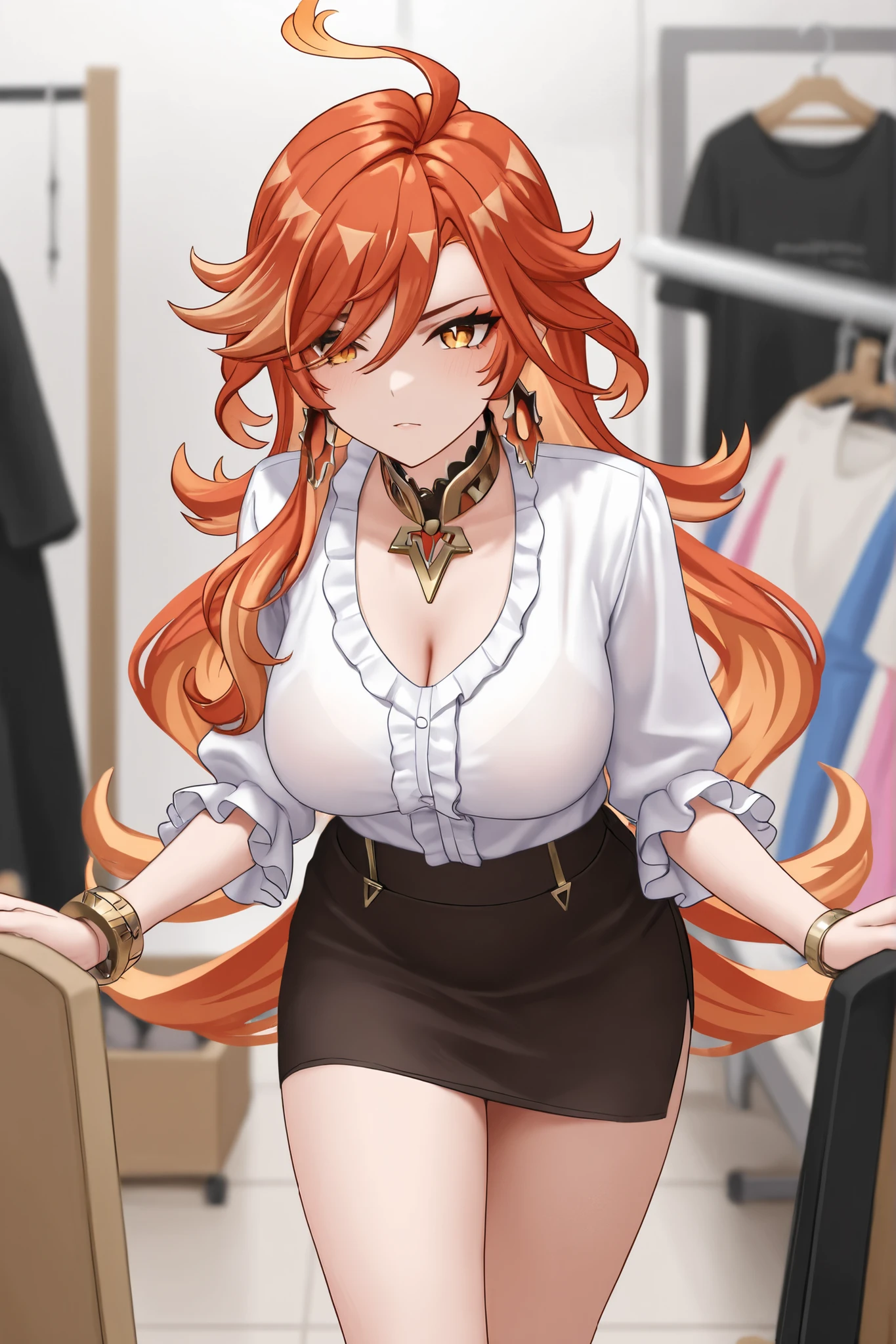 (fluffy anthro furry :1.6),fox girl,red long hair,wavy hair,medium breasts,ultra detailed fur,glasses,pearl necklace,gold bracelet,flower hairpin,white short T-shirt,cleavage,shoulder bag,gold body chain,black torn pants,white stocking,upper body only,full face blush,squinting eyes,passionated face,smile,looking at viewer,shopping mall