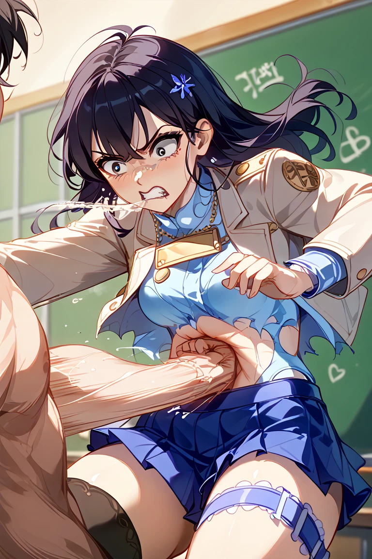 kurotsuchi nemu,cry out, in pusigantic breast,eve cum, torn clot, cum in mouth,disl,suffering face,school swimsuit, creampie, (((A boy on top of a woman, pinned her wrists to the floor with his hands, and raped her with his huge penimasterpiece, best qualit