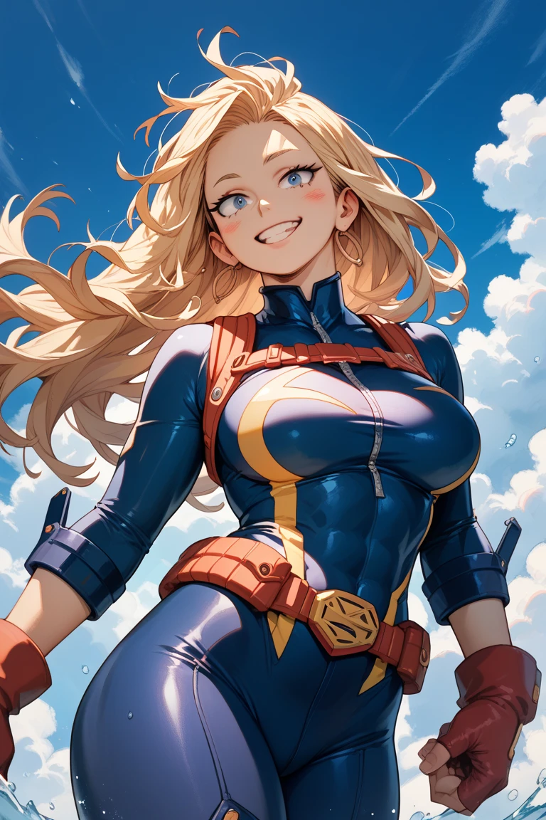 Cathleen Bate, blonde hair, blunt bangs, makeup, green eyes, soft smile, upper body, solo, fit toned body, wide curvy hips, big ass, spiderman outfit from marvel universe, fingerless gloves, striped sports bra, red spandex shorts, big chain necklace, biker shorts, knee high boots (insanely detailed, beautiful detailed face, masterpiece, best quality), front view,