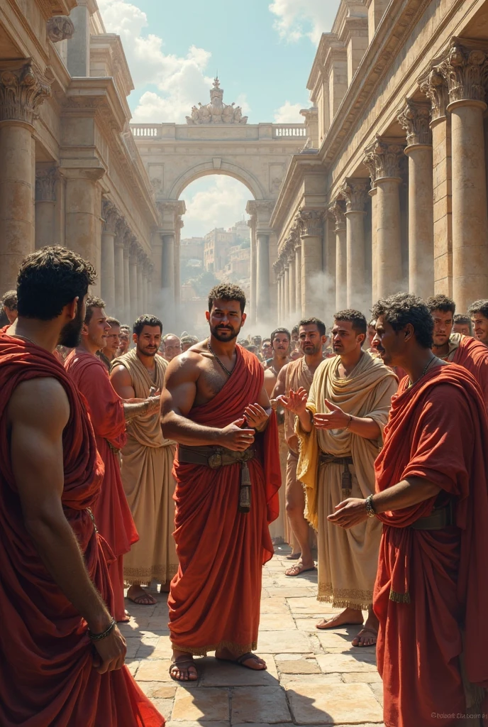 Galeno, a male physician, mid-30s with dark hair and a beard, wearing a tunic and sandals, inside a gladiator school, observing gladiators being treated after their fights, focusing on the anatomy of the human body, medium shot, hyper-realistic, photo realistic, cinematography ar—9:16.