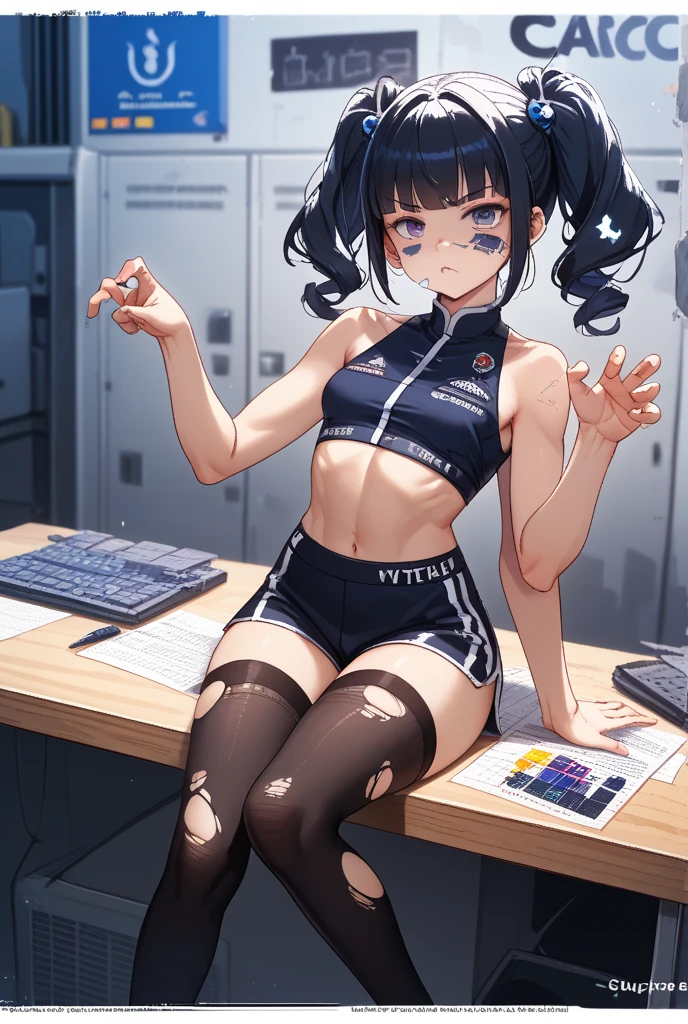 (8K、Highest image quality、highest quality、masterpiece)、detailed face、((1 baby girl))、mesugaki、black hair、twintails、blunt bangs、gray eyes、evil smile、((grin))、steam、((small breasts))、((one-piece swimsuit))、cowboy shot、((bent over))、take care of、look back、Turning your butt off、Take a photo from behind、Gym storeroom