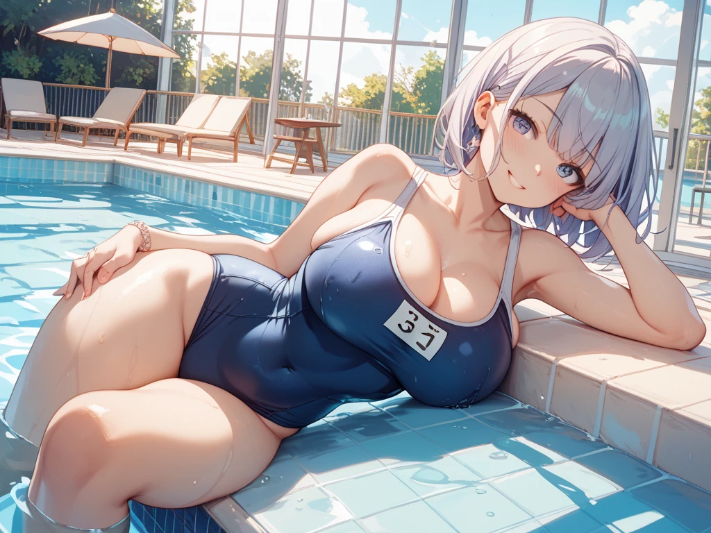 ((Best Quality, 8K, ultra-detailed, Masterpiece: 1.3)), 1girl, shiny skin, sharp, Perfect Body Beauty, realistic shaded perfect body, ("school swim suit, white,transparent_pussy":1.2),big_breasts ,(dynamic pose:1.1), thigh , cute , pool side,cleavage , squatting