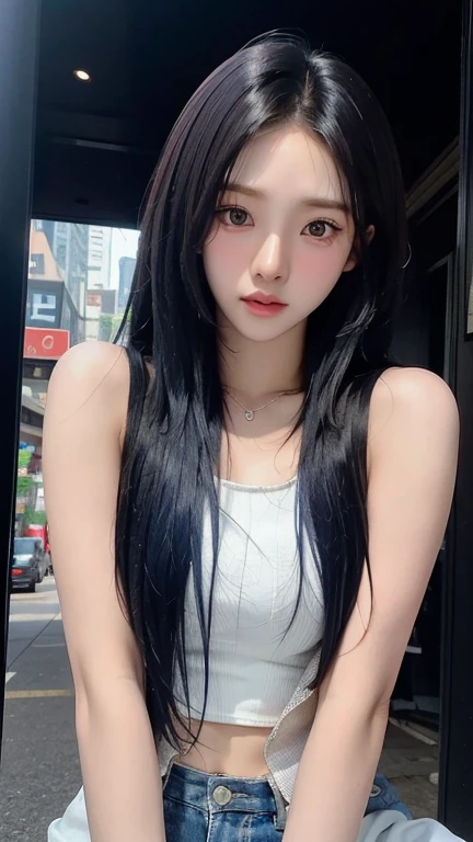 （（Surreal、Super detailed image, maybe a photo.，Captures the details of the skin texture of an incredibly beautiful woman.））long straight black hair。outdoors. Summer. Urban clothing