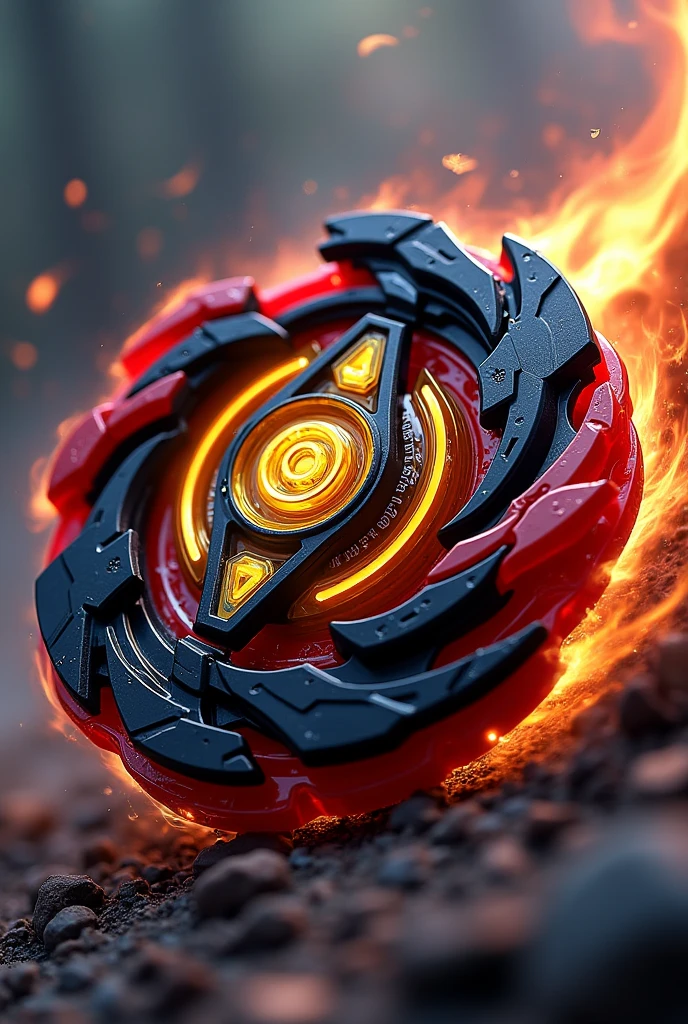 Very cool legendary Beyblade in blue, red, white and a little yellow with a monster symbol in the center with a legendary creature behind it